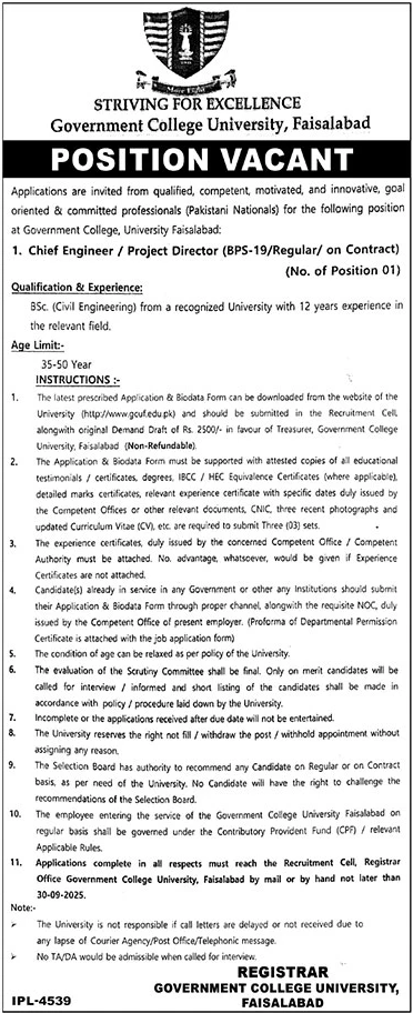Jobs in Government College University Faisalabad